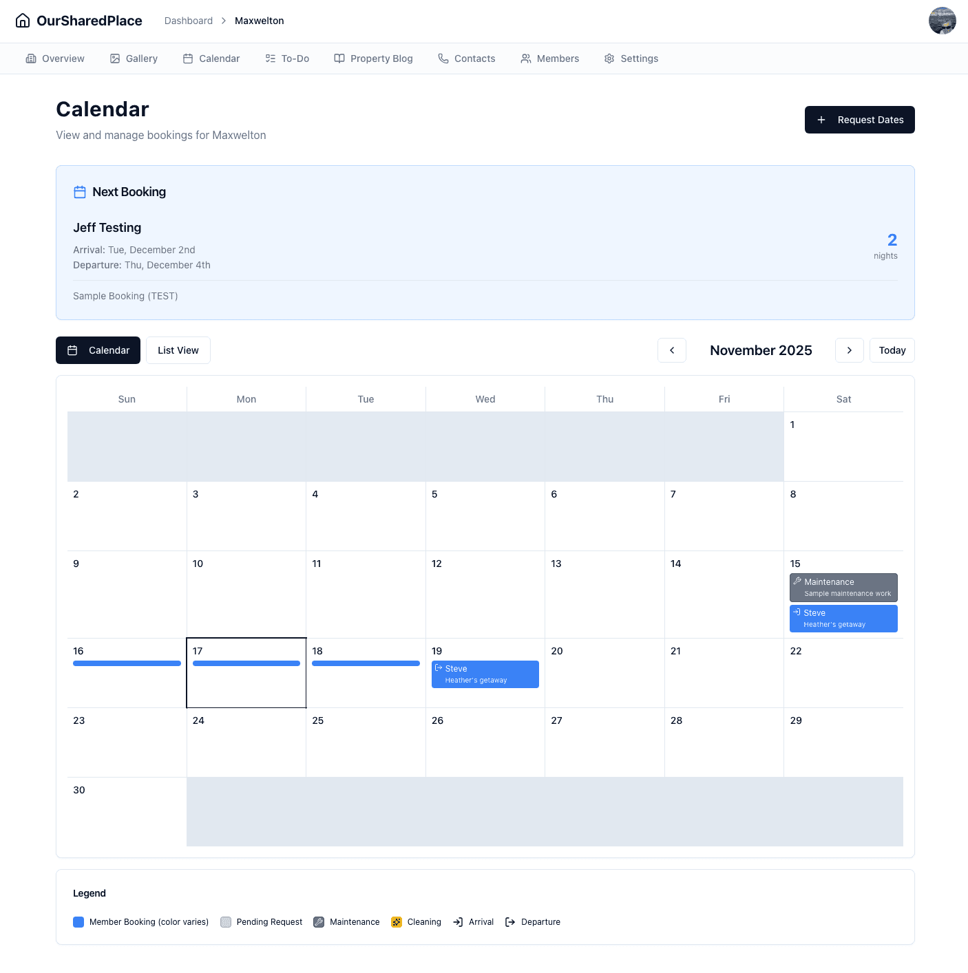 Interactive booking calendar with color-coded reservations