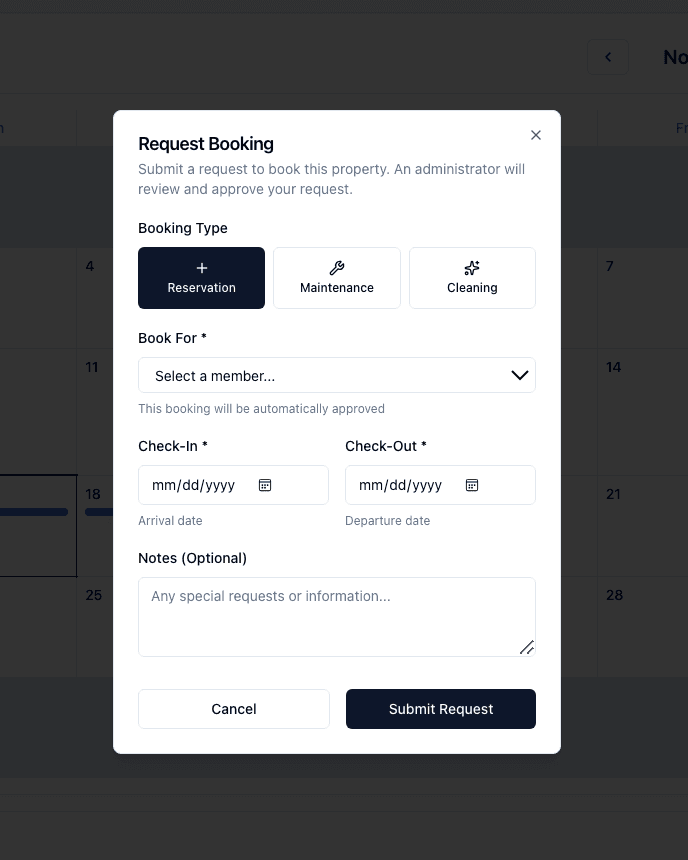 Booking request form with approval workflow