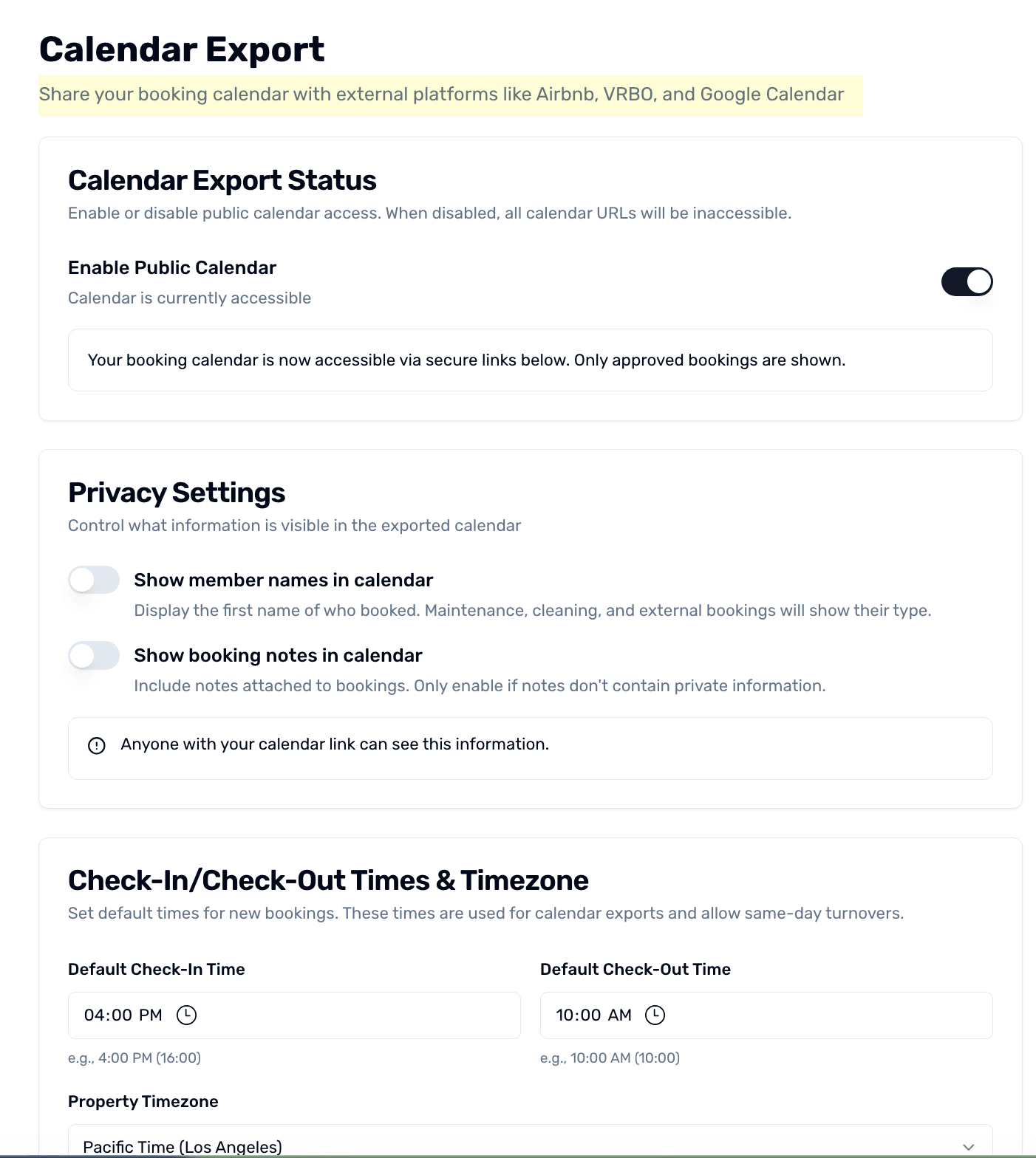 Calendar export feature showing iCal integration with Airbnb and VRBO