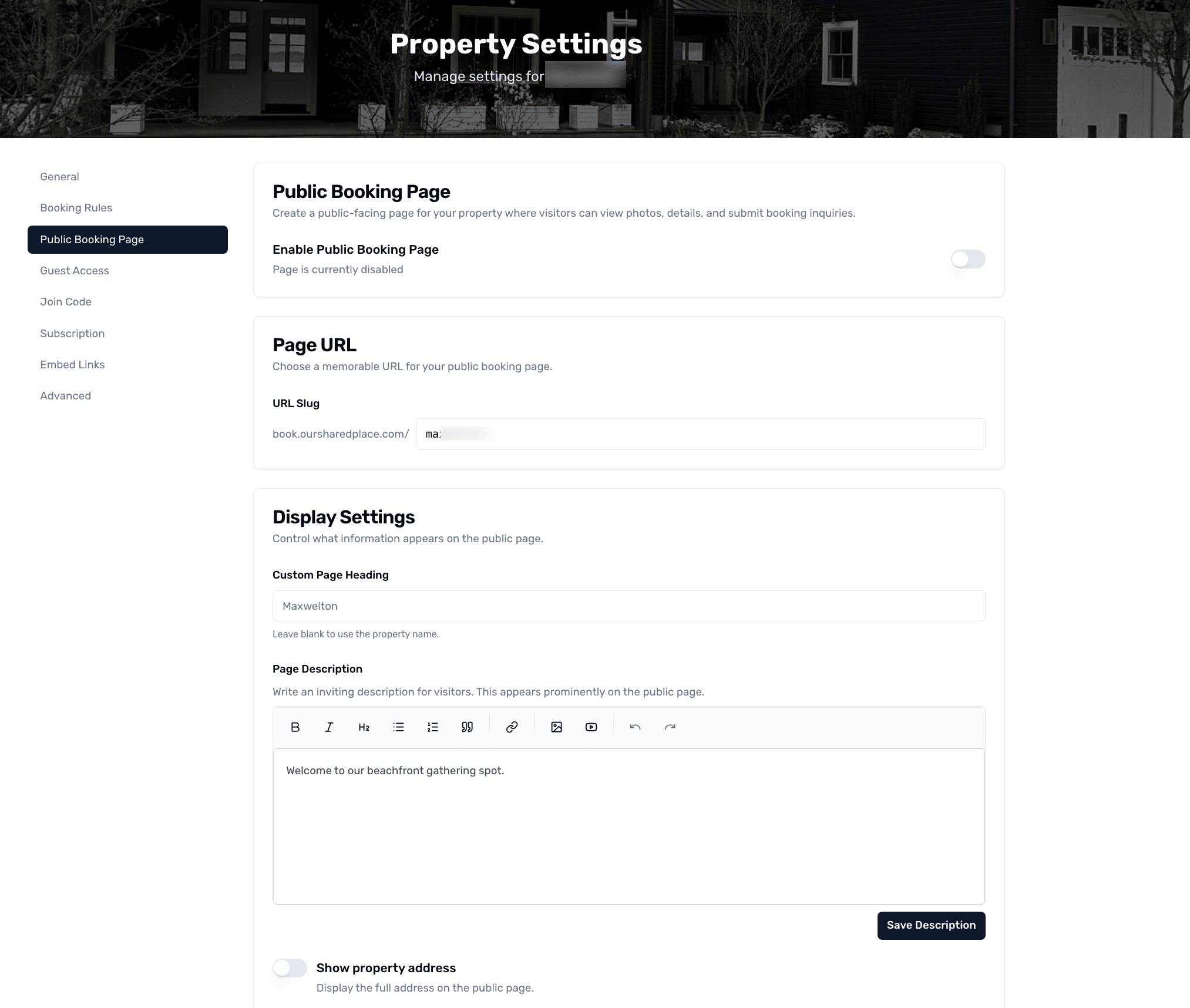 Public booking page showing property photos, amenities, and inquiry form