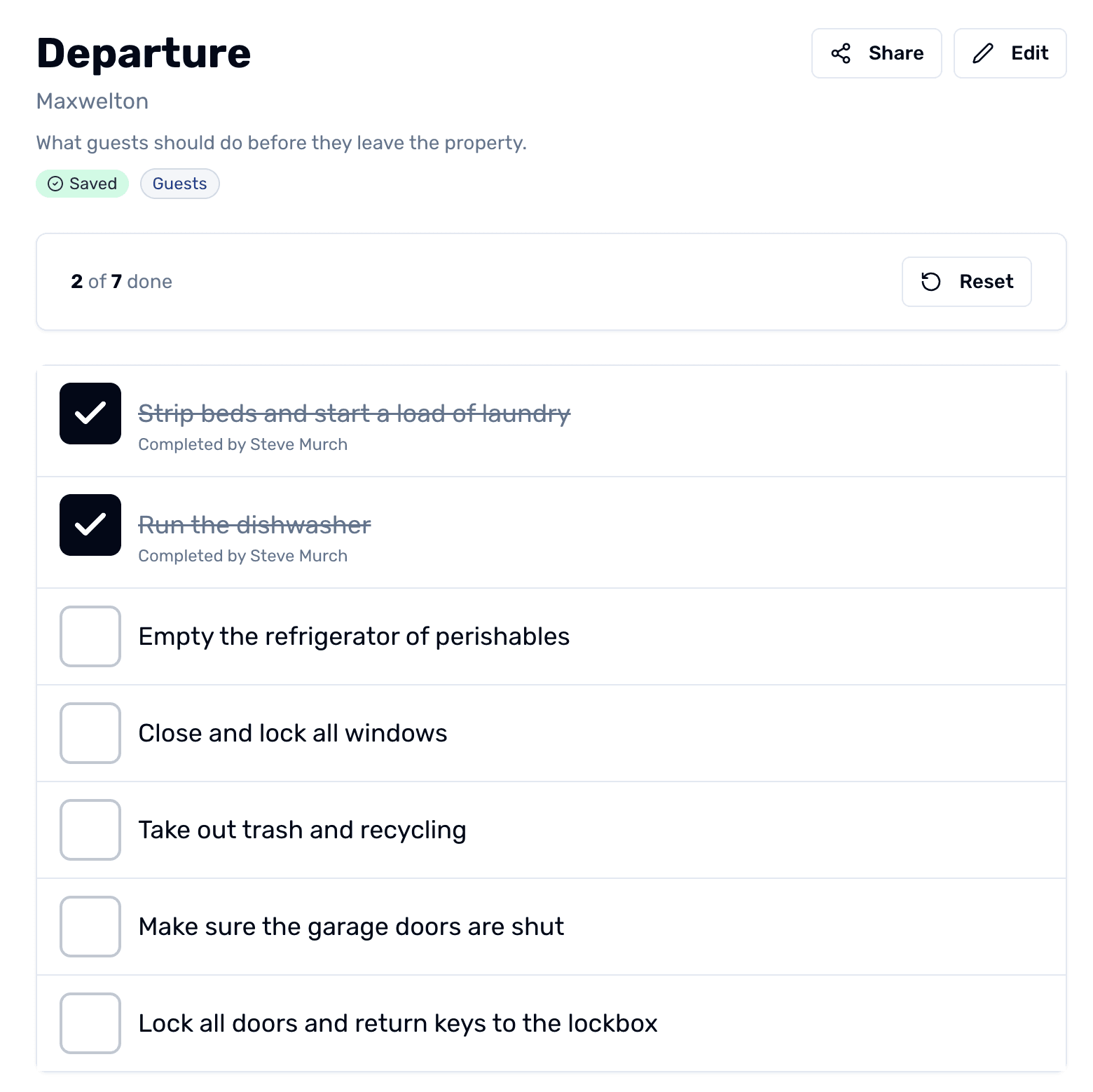 Reusable checklist on an iPad with large checkboxes for departure tasks