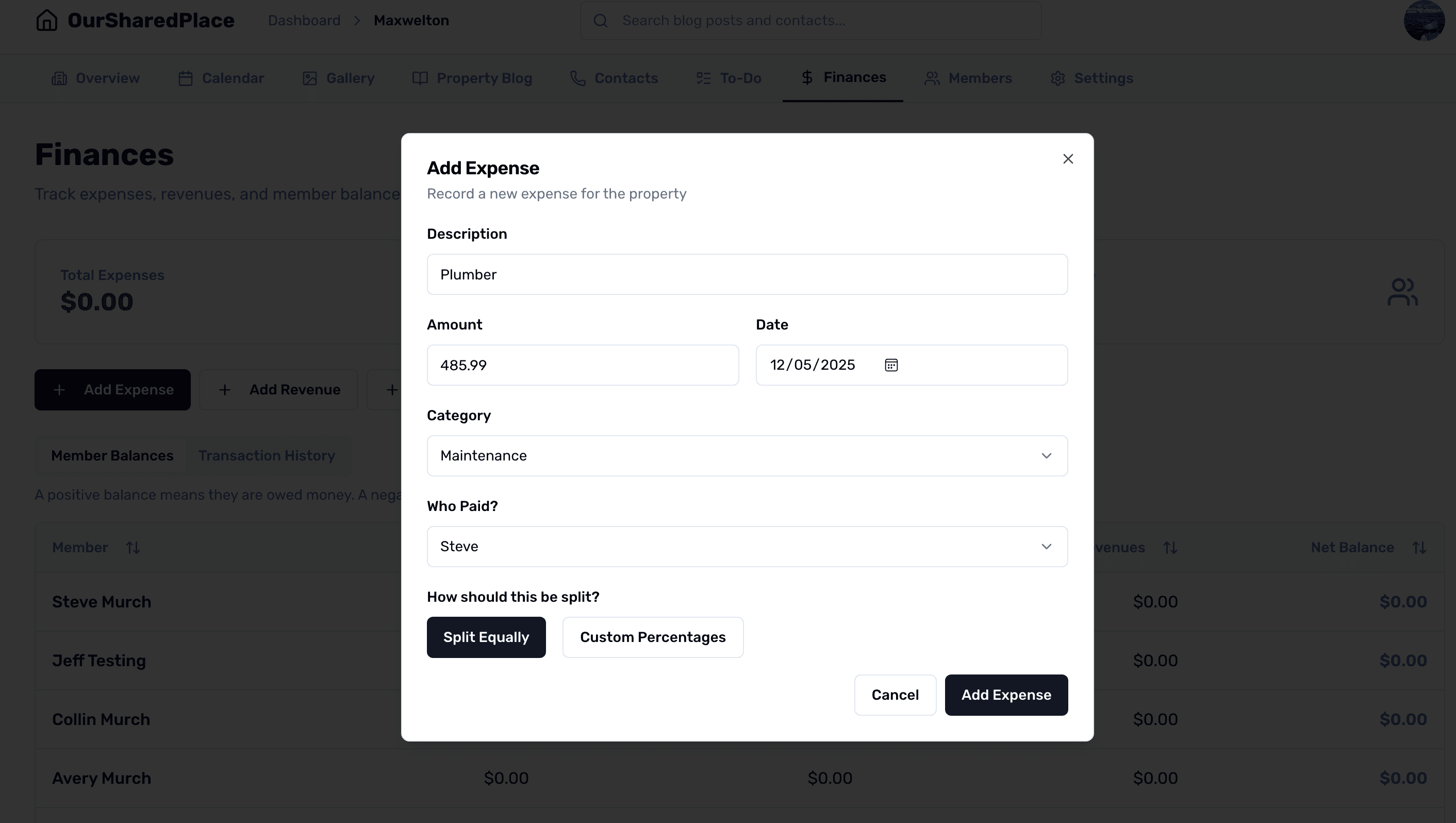 Financial tracking showing member balances and expense history